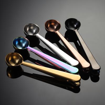 China 304 Stainless Steel Viable Copper Brass Coffee Spoon Gold Metal Food Grade Doser/Scoop With Bag Clip for sale