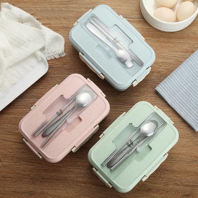 China Food Grade Eco-Friendly Freshness Preservation Biodegradable Bento Wheat Straw Lunch Box With Cutlery Sets for sale