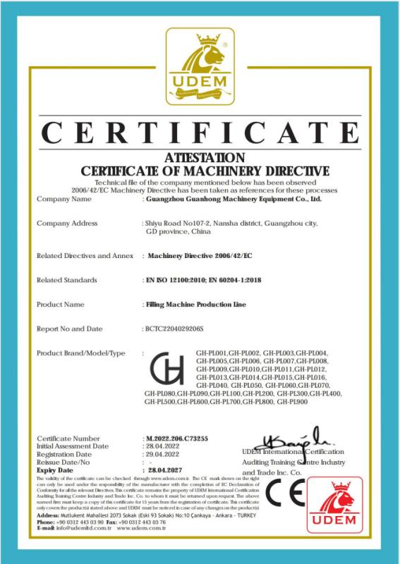 CE cert - Filling Machine Production Line - Guangzhou Guanhong Machinery Equipment Co., Ltd.