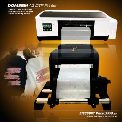 China NEW A3 DOMSEM 2021 L1800 hotels epsnn head dtf printer with 30cm printing width dtf T-shirt printing machine with shake powder for sale