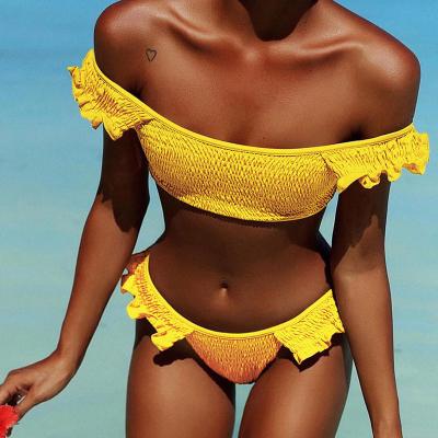 China Newest Design Women Anti-UV Tankini Swimsuit Off Shoulder Ruffle Textured Bikini for sale