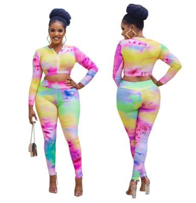 China 2021 New Arrival Fashionable Top Thicker And Casual Zipper Pants 2 Pcs Suit Drop Dye Tie Two Piece Pants Set Women Clothing for sale