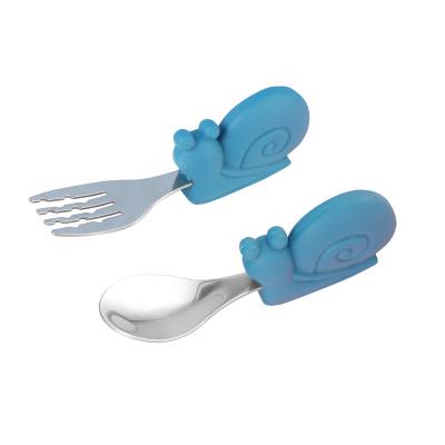 China Disposable Bpa Free Silicone Baby Spoon And Fork Set Stainless Steel Baby Training Tableware Set Feeding Kids Cartoon Spoon Making for sale