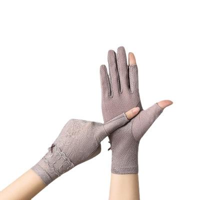 China Printing/sunscreen/missing fingers 2022 touch screen two fingers lace fashion outdoor spring women's gloves/summer sunscreen climbing ice silk gloves wholesale for sale