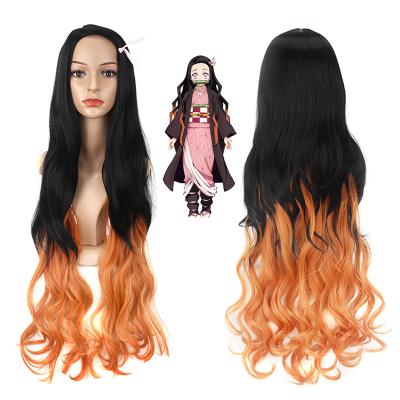 China Best Quality Synthetic Color Gradient Curly Hair Wig Demon Slayer Anime Kamado Nezuko Cosplay Wigs Harajuku Wig Long for sale