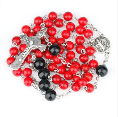 China Religious Unique Design Hotsale Red Natural Stone Beads Rosary Religious Catholic Cross Shape Necklace Pendant Necklace for sale