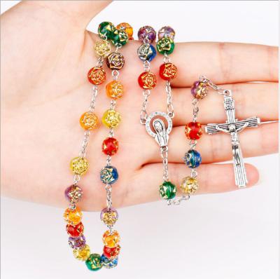 China 8MM Christian Acrylic Rose Colorful Beads Religious Necklaces For Women Rosary Necklace Religious Cross Jewelry for sale