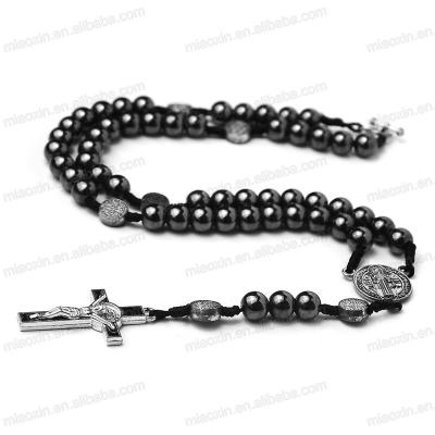 China 6mm Religious Catholic Hematite Beads String Rosary With St Benedict Connector And Crucifix Pendant for sale