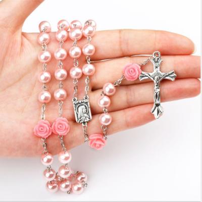 China 6MM Imitation Glass Religious Pink Bead Rose Christ Cross Rosary Necklace Virgin Mary Catholic Religious Necklace for sale