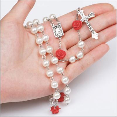 China Religious Hot Sale Catholic Rosary Beads Necklaces With Rose Pearl Beads Cross Charm Prayer Bead Necklaces for sale