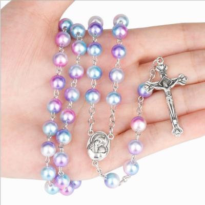 China Religious Catholic Rosary Beads Necklaces With Metal Crucifix Corss Charm Prayer Beads Necklaces for sale