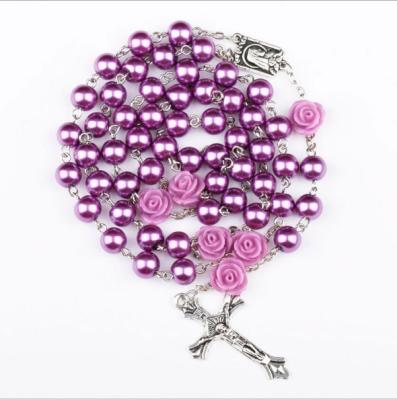 China Imitated Pearl Coated Religious Rose Flower Religious Rosary Cross Pendant Necklace for sale