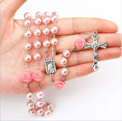 China Religious Wholesale Catholic Long Holy Pray Cross Pendant Necklace Bead Cross Bead Crucifix Rose Flower Rosary Necklace Jesus for sale