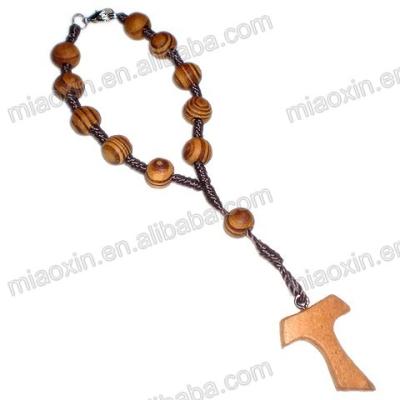 China Religious wooden rosary bracelet with wooden cross, rainbow color rope bracelet knot rosary bracelet/side cross bracelet for sale