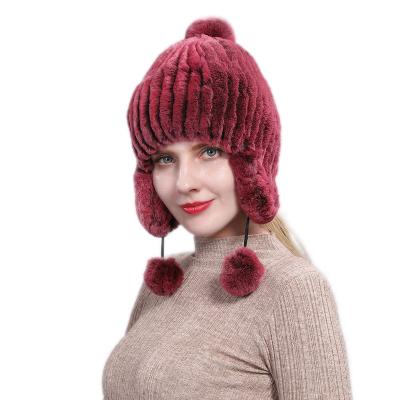 China New style JOINT wool knitted hats women rex rabbit real fur knit hats with fur pom for sale