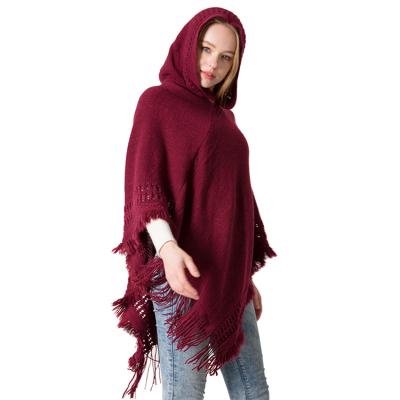 China Medium Lady Winter Knitted Cape Solid Color Women Pullover Hoodies Crochet Shawl With Tassel for sale