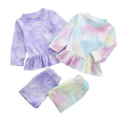 China Casual Tie Dye Fashion Cotton Sweater Girls Pants Baby Kids Two Pieces Clothes With Ruffles for sale