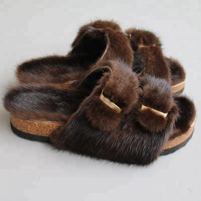 China Fashion Handmade Mink Fur Flat Surface Fur Slippers Luxury Genuine Fur Shoes for sale