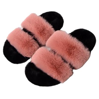 China Two Strap Style Faux Rex Rabbit Fur Slippers Women Fashion Faux Fur Slippers Indoor Outdoors Lightweight for sale