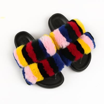 China Real Rex Rabbit Fur Slippers Two Light Strap Lady Genuine Fur Slides Unique PVC Fur Sandals for sale