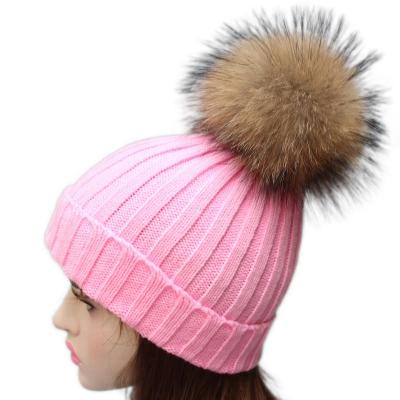 China Fashion COMMON Ribbed Winter Style Men Women Real Fur Pom Pom Removable Knitted Acrylic Hats for sale