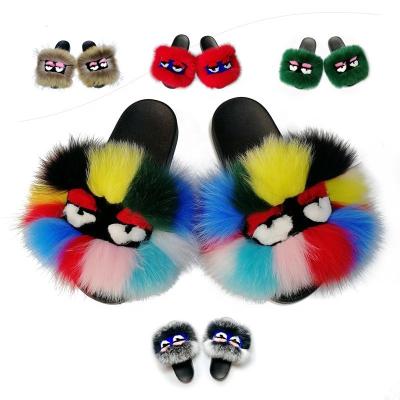 China Popular New Design Amazon Fox Monster Multicolor Fur Sandals Deodorization Slides Slippers For Women for sale