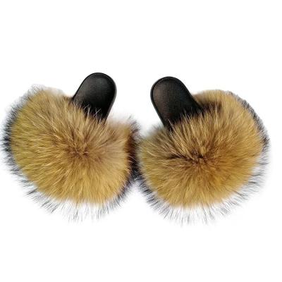 China Wholesale custom made lightweight fox and raccoon fur slippers fashion slides for women 2021 brown fur slides for sale