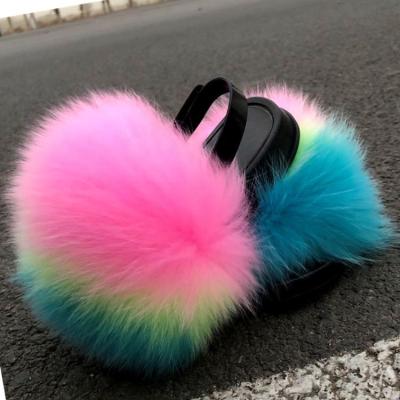 China 2021 Fur Slides Damping For Kids Toddler Fur Slides Slippers Costom Fox Raccoon Fur Slides for sale