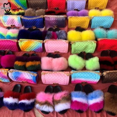 China Lightweight Wholesale Custom Fur Slides Handbag Sets Baby Fur Slides With Purse Set For Women And Kids for sale