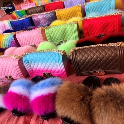 China Lightweight Custom Fur Slides Fashion Fur Slides And Matching Purse Purse Sets Fur Slippers for sale