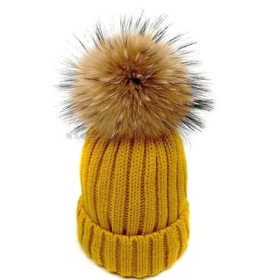 China JOINT Newborn knitted fur hat hat hot sale the latest knit hat real adult raccoon ball with pom for women and kids for sale