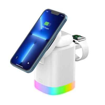 China Smart Watch Bestselling Desktop Table Magnetic Wireless Charger Stand with RGB Light 15W Fast Charging 3 in1 Wireless Charger for iPhone 13 for sale