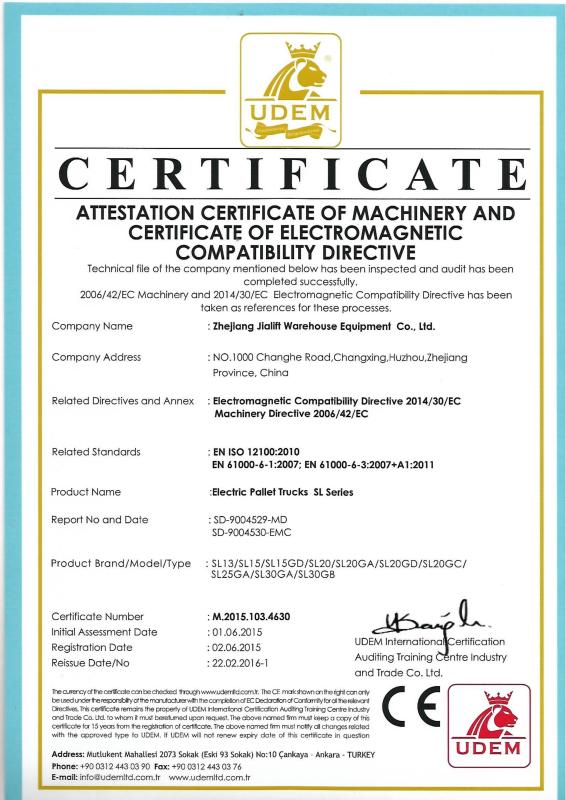 CE certificate-1 - Zhejiang Jialift Warehouse Equipment Co., Ltd.