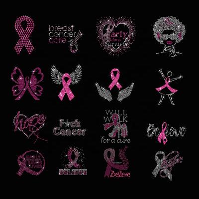 China Flatback Custom Design Breast Cancer Awareness Heart Ribbon Pattern Breast Cancer Ribbon Rhinestone Transfer For Shirts for sale