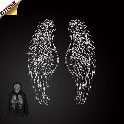 China Flatback Bling Custom Bling Long Angel Wings Transfer for Full Rhinestone Hoodie Sweater Zipper for sale