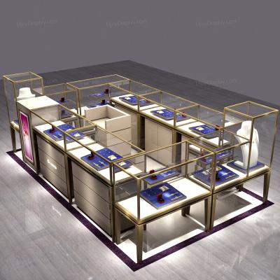 China Luxury Mall Kiosk Gold Stainless Steel Jewelry Kiosk In Mall Retail Display Kiosk For Jewelry Diamond Ring Display for sale