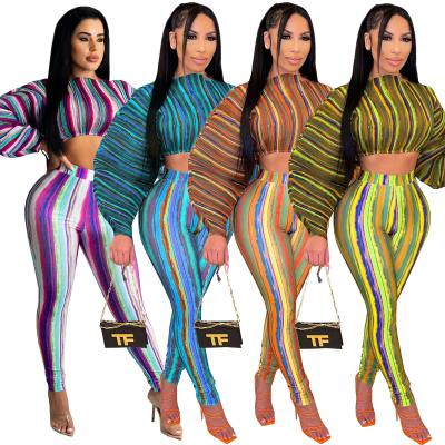 China Plus Size Women Clothes 2021 Long Sleeve Stripe Printed Long Pants Set Causal Two Piece Suits for sale