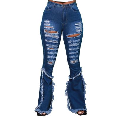 China 2021 New Cowboy Style QUICK-DRY Wide-Leg Trousers Pants Ripped Jeans Women Streetwear Bell-Bottom Waisted Jeans Denim High Top for sale