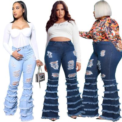 China 2020 Blue Design QUICK DRY Tall Women Flare High Rise Girl Winter Pantsalon Female Wide Leg Bottom Woman Stacked Ripped Denim Bell Jeans for sale