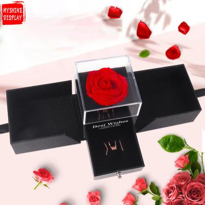 China Fashionable Acrylic Rose Flower Black Jewelry Storage Display Top Gift Box With Lid For Necklace Set Preserved Flower Jewelry Box for sale