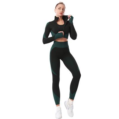 China Antibacterial Women's Sportswear Yoga Set Workout Clothes Gym Sports Wear Legging Fitness Seamless Crop Top Long Sleeve Yoga Suit for sale