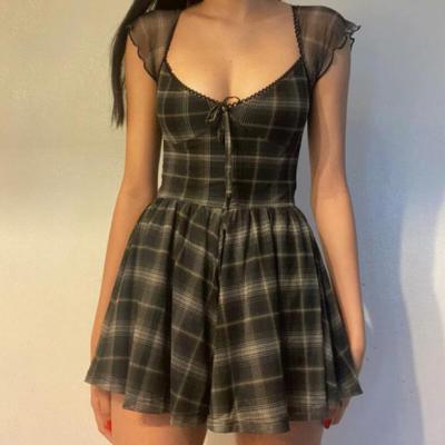 China Breathable Lattice Pattern One Line Short Sleeve Mini Dress For Womens Clothes Lady Comfortable Casual Stretch Streetwear 2021 Summer for sale