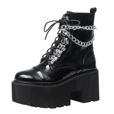 China Lightweight Chunky High Heel Booties For Women Platform Combat Ankle Boots With Chain Block Heel Motorcycle Boots Lace Up Mid Calf Boots for sale