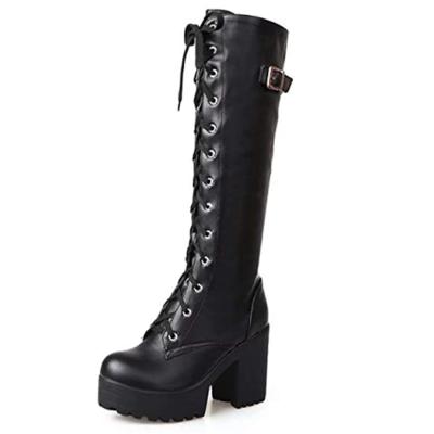 China Breathable Knee High Boots For Women Black Heels Platform Boots Around Toe Lace Up Chunky Heel Motorcycle Combat Block Boots for sale