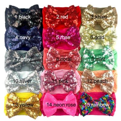 China Special fabric 4.5inch sequined bowknot plus soft nylon wide headband, popular baby headwear for sale