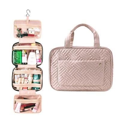 China Fashion Private Label Custom Travel Washing Portable Oxford Nylon Polyester Stitched Toiletry Hanging Cosmetic Bag With Tote Handle for sale