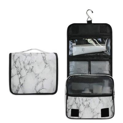 China Wholesale Fashion Portable Travel Makeup Tools Organizer Marbling PU Leather Hanging Wash Cosmetic Bag for sale