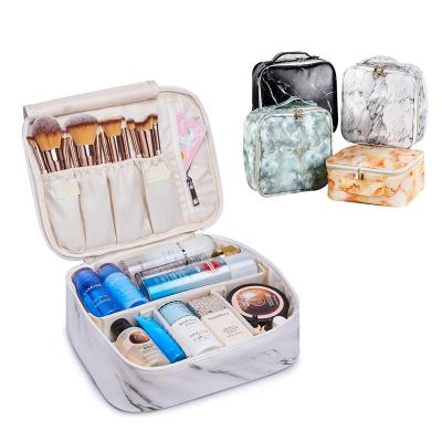 China Custom Marbling Private Label Fashion Travel Makeup Portable Tools Organizer PU Leather Wash Cosmetic Bag&Case Set for sale