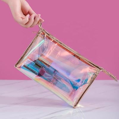 China Handy Wholesale Portable Bulk Clear Organizer Kits Clear Holographic Makeup Travel Glitter Cosmetic Bags for sale