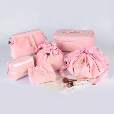 China Custom Factory Fashion Travel Lipstick Brushes Makeup Tools Organizer Pink Velvet Cosmetic Portable Bag Sets for sale